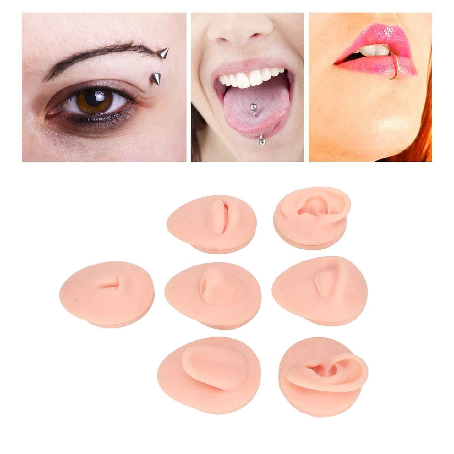 Fayelume 7PCS Piercing Practice Model Kit, Silicone Body Part Model For Piercing, Body Piercing Practice Model Kit Simulation Ear Eye Nose Mouth Tongue (Light Skin Colour)