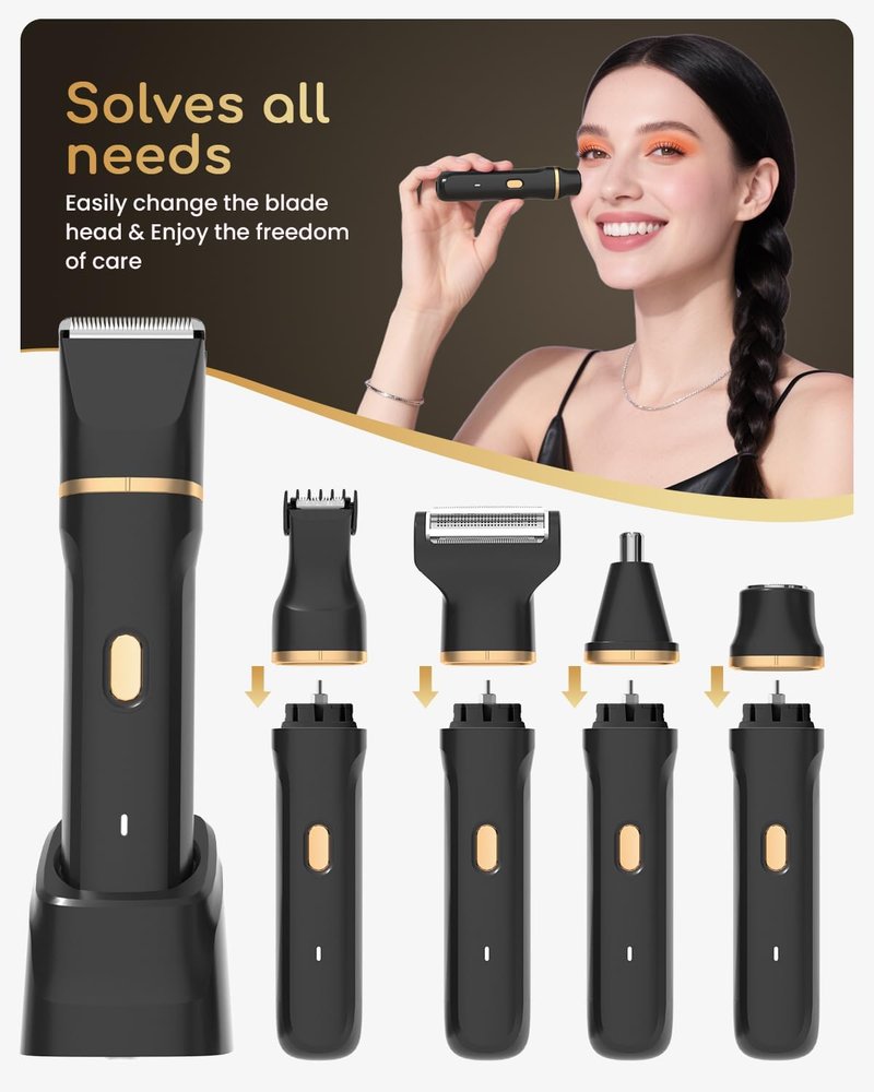 Bikini Trimmer for Women - 5-in-1 Electric Razor for Sensitive Skin | Waterproof Hair Removal Shaver - Black