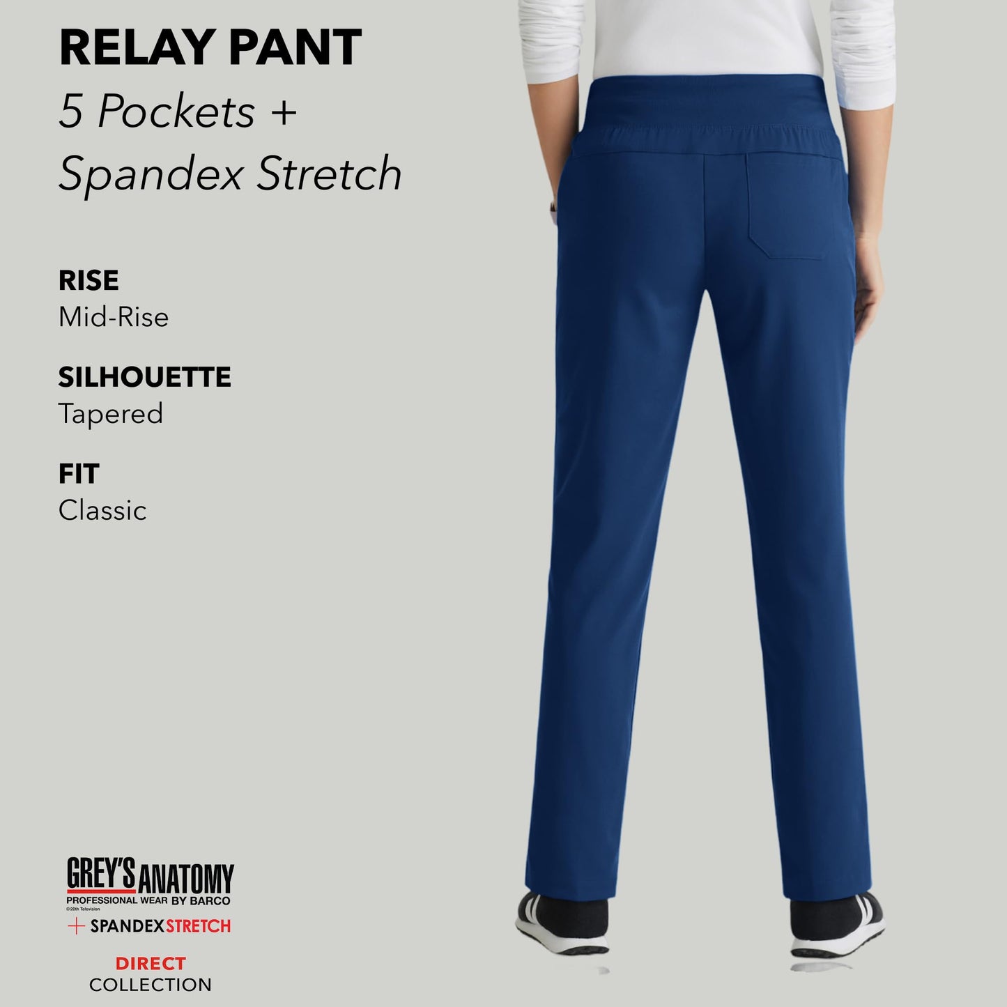 BARCO Grey’s Anatomy Spandex Stretch Direct Relay Scrub Pant for Women – Indigo, 5-Pocket Mid-Rise Scrub Pants w/Spandex Stretch, Wrinkle Release & Soil Release Fabric – Medium, Regular Fit