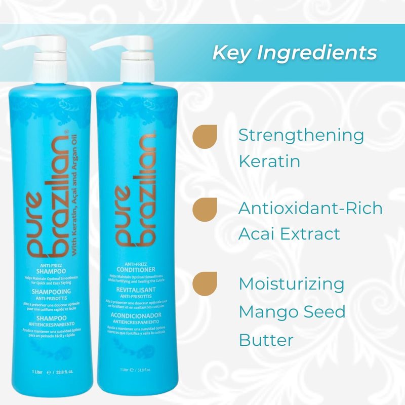 Anti-Frizz Shampoo and Conditioner Set - Pure Brazilian Formula with Pumps | 1 Liter
