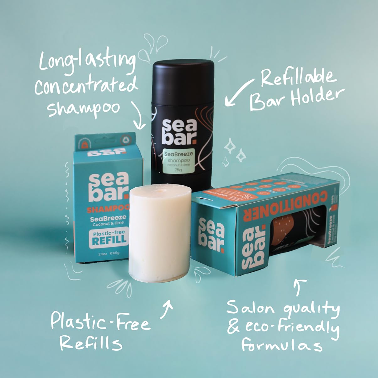 SeaBar Shampoo and Conditioner Bar Set with Refillable Applicator - Salon-Quality Cleanse & Condition – Volume & Soft, Manageable Lengths - Sulfate & Silicone-Free, TSA-Friendly - Coconut & Lime