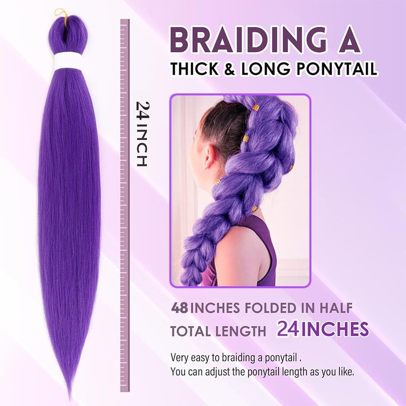 Braiding Hair Pre-stretched Extension Synthetic Yaki Purple Braiding Hair Extensions for Gril Kid Woman Adults 24 Inch Braiding Hair for K-POP Halloween Cosplay (Purple-2pcs 200 Gram 24 inch)