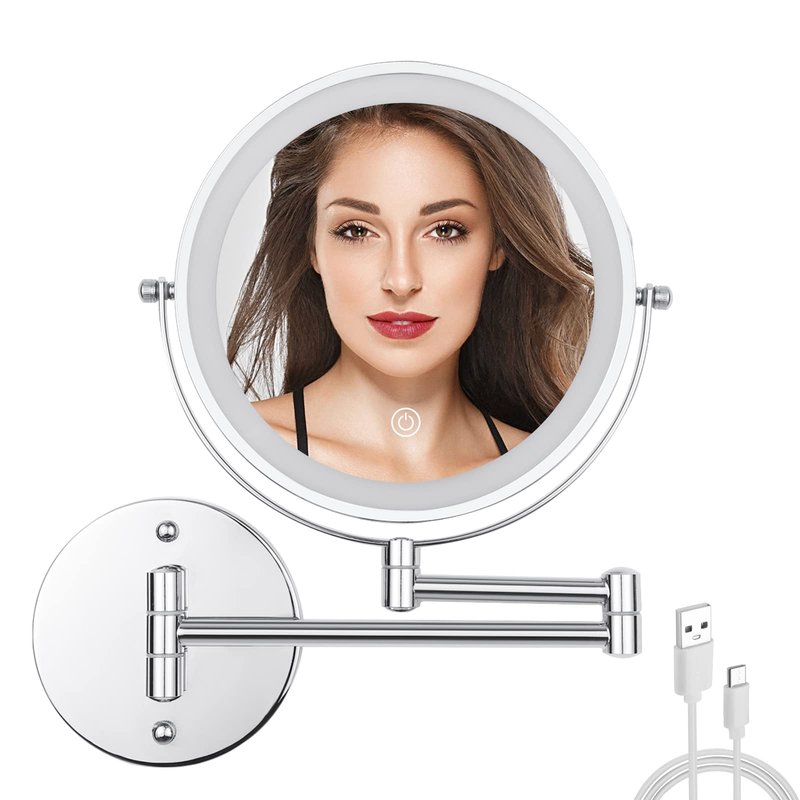 FFowcye 8" LED Wall Mounted Makeup Mirror, 1X/10X Magnifying Vanity Mirror with 3 Color Modes, 2000mAh Rechargeable 360° Swivel Extendable Arm, Polished Chrome for Bathroom Makeup, Shaving, Skincare