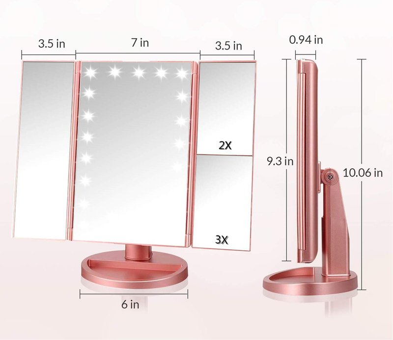 Infitrans Trifold Makeup Mirror Vanity Mirror with Lights,1X 2X 3X Magnification,Touch Control,Adjustable Rotation,Dual Power Supply,Portable Travel Cosmetic Mirror,Birthday Gifts for Women,Teengirls