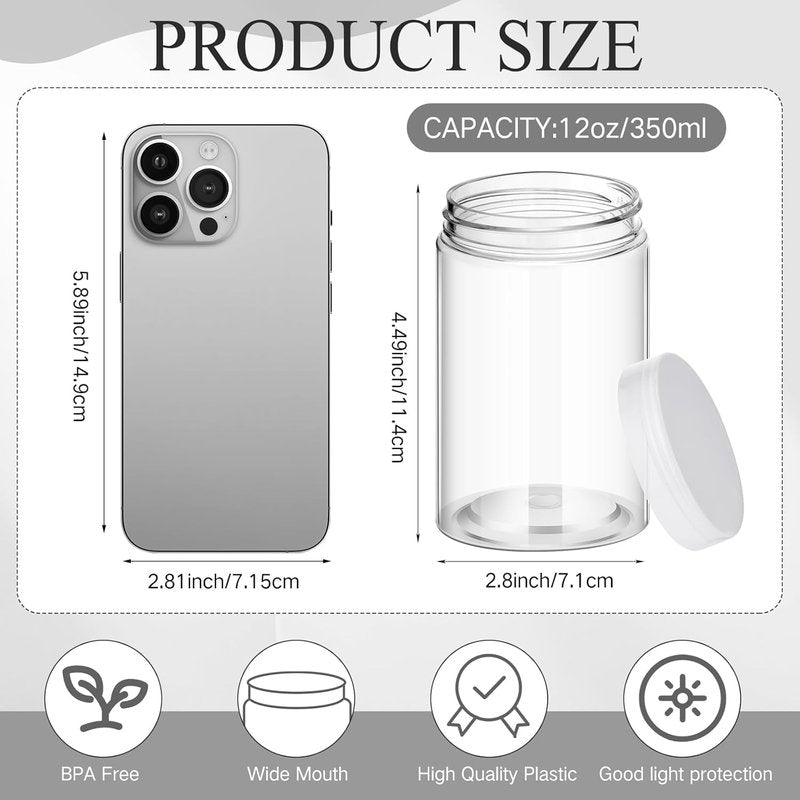 Patelai 16 Pack 12 oz Empty Slime Container Jars with Lids Round Clear Plastic Jars Wide Mouth Refillable Storage Organizer for Slime Making, DIY Crafts, Cosmetic, Home and Kitchen Organizing (Clear)