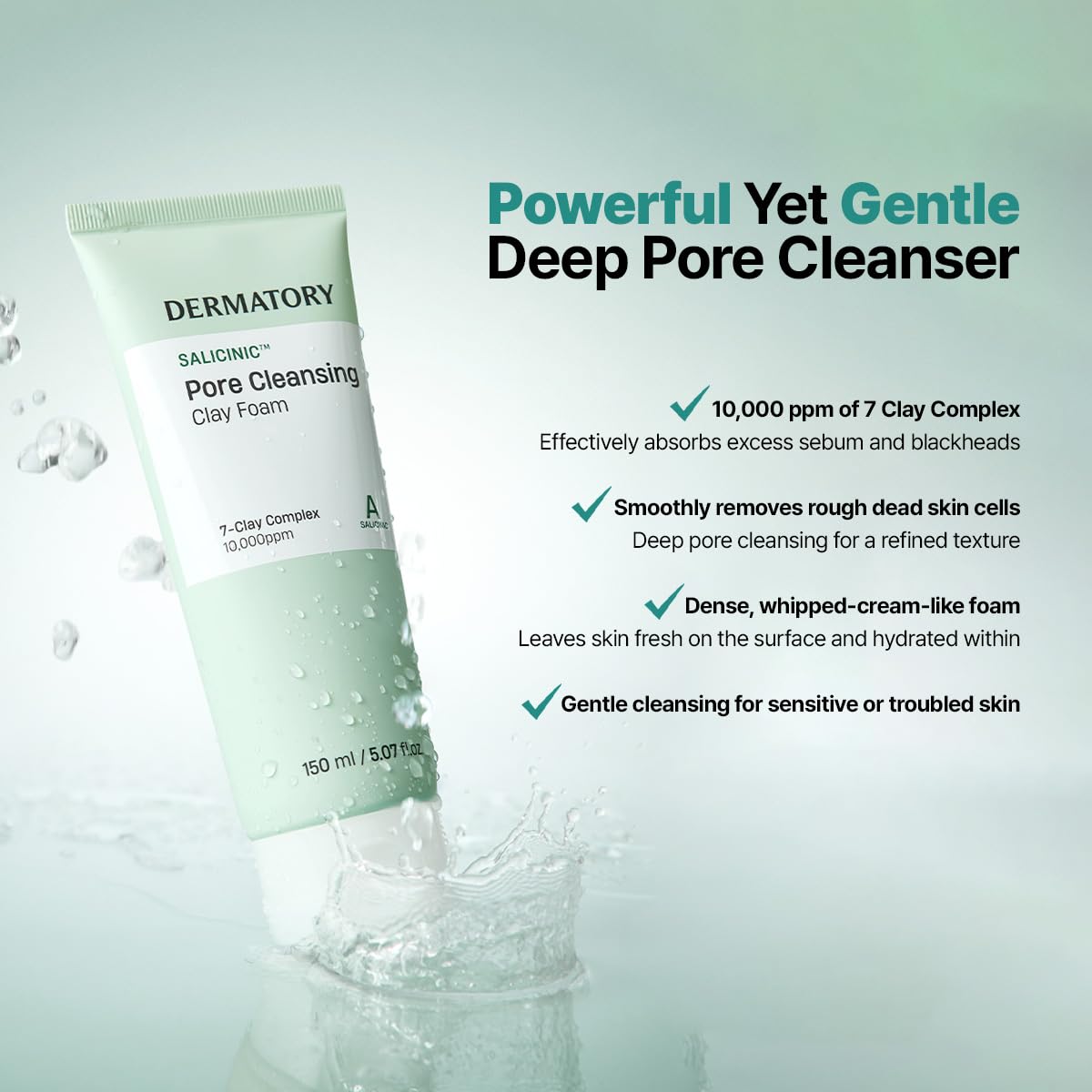 DERMATORY Salicylic™ Pore Cleansing Clay Foam | Deep Purifying for Facial Oil, Sebum, Dead Skin Cells, Whiteheads & Blackheads | Gentle Exfoliating Korean Face Wash for Sensitive | 5.07 fl. oz.