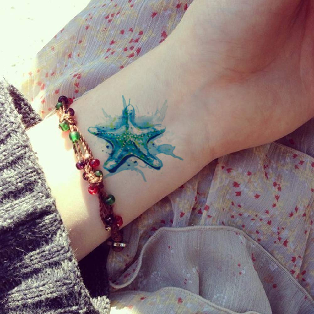 Oottati 6 Sheets Watercolor Ocean Temporary Tattoos for Women, Octopus Jellyfish Starfish Whale Daisy Flower Bottle Fake Tattoo Stickers, Waterproof Long Lasting Body Art for Arm Back