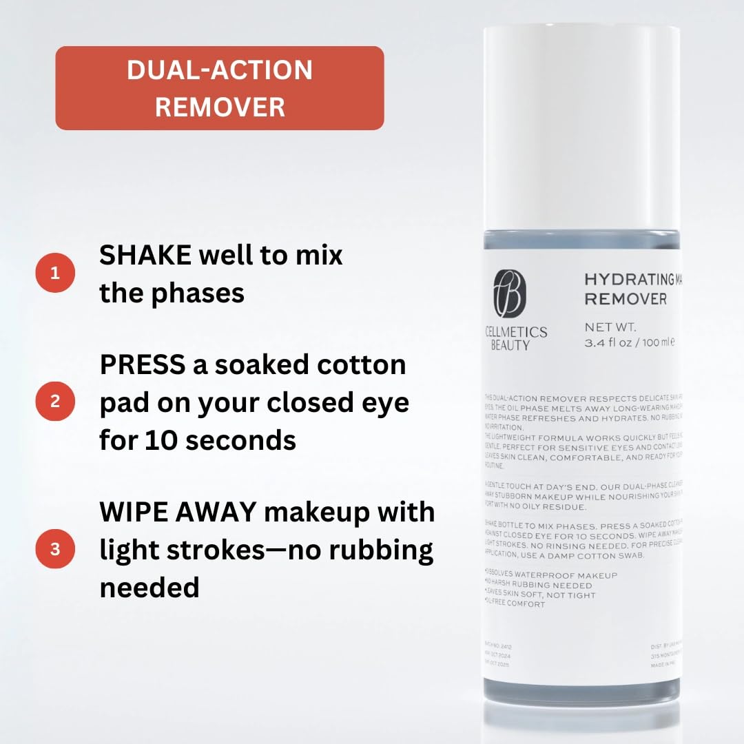CELLMETICS BEAUTY Hydrating Gentle Eye Makeup Remover Oil-Free & Cleanser for Sensitive Eyes, Non-Greasy Makeup Remover, Waterproof Mascara Remover, 3.4 fl. oz