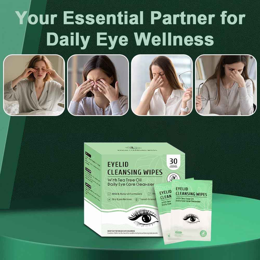 30 Count Eyelid Wipes, Gentle Eyelid Cleansing Wipes with Tea Tree Oil, Moisturizing Eye Wipes for People with Dry Eyes, Itchy, Styes & Blepharitis, Eyelid & Lash Wipes Individually Wrapped for Travel