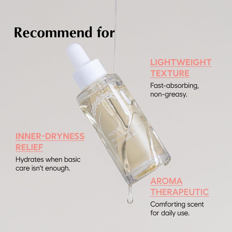 MIDHA Rice Facial Oil 30ml for skin moisturizing, deep, intense and immediate hydration and quick absorption with non greasy light oil like as rice bran oil