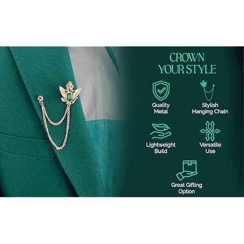 Knighthood Men's Golden Crown Stone With Hanging Chain Brooch Golden Crystal Suit Stud Lapel Pin Vintage Rhinestone Wedding Pin