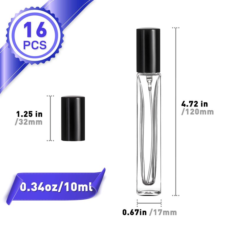 Glassfinity 16 Pack 10ml Empty Perfume Bottles, Refillable Square Glass Spray Atomizers with Funnel, Transfer Pump and Labels, Fragrance Decant Bottles for Travel and Samples, Black Caps