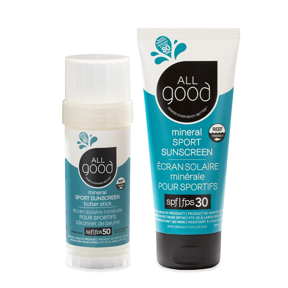 All Good Sport Mineral Sunscreen - SPF 50 Butter Stick & SPF 30 Lotion | Water Resistant, Coral Reef Friendly