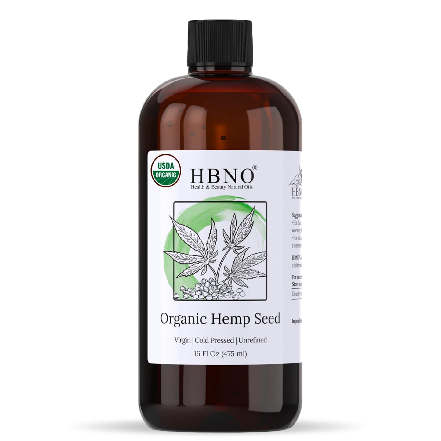 HBNO Organic Hemp Seed Oil -16 OZ (475ml) Value Size - Natural Hemp Oil, Cold Pressed - Perfect Carrier for Massage, Aromatherapy, Diy, Soap Making, Face, Body, Lips, Hair, Nails