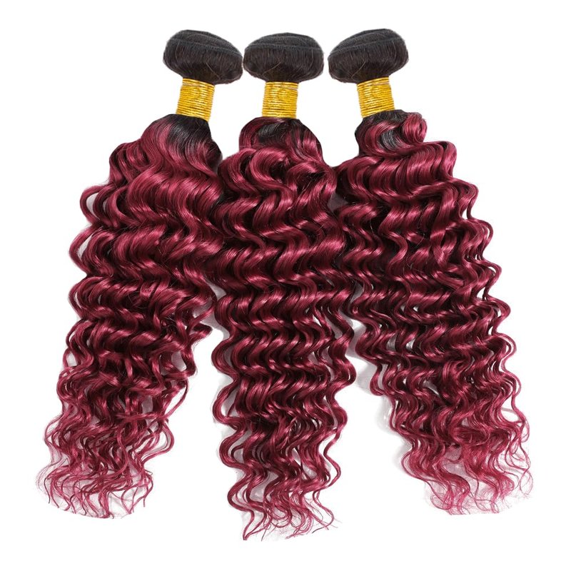 1B99J Bundle Ombre Red Deep Wave Human Hair Bundles Ombre Burgundy Loose Deep Wave Bundles Human Hair 14 16 18 Inch Red Bundle