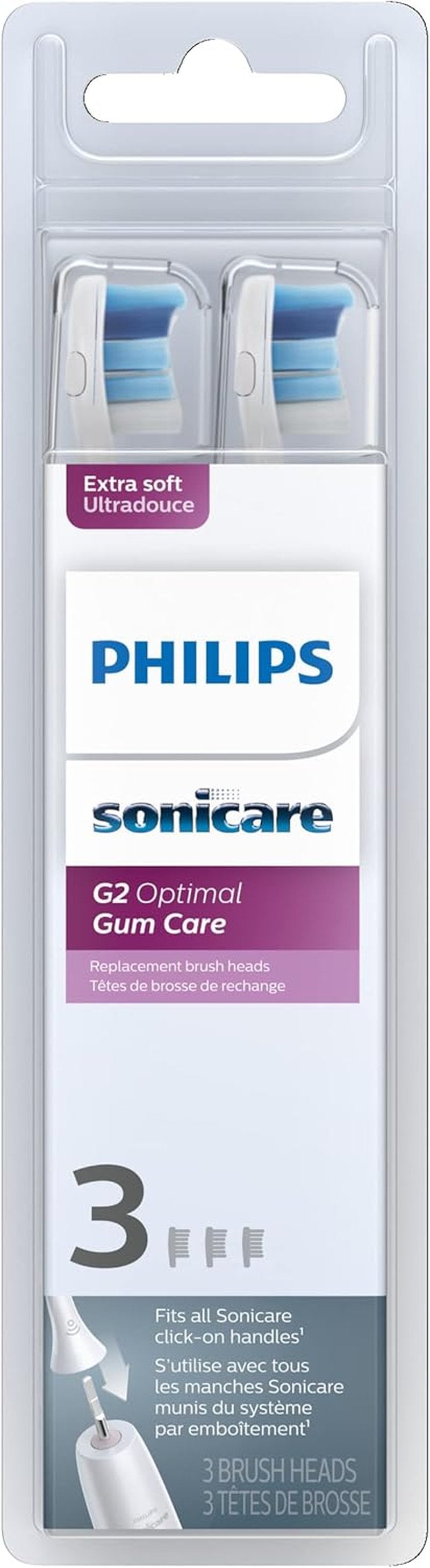 Philips Sonicare G2 Optimal Gum Care Brush Heads - Genuine Replacement Toothbrush Heads | White, 3 Pack, HX9033/65