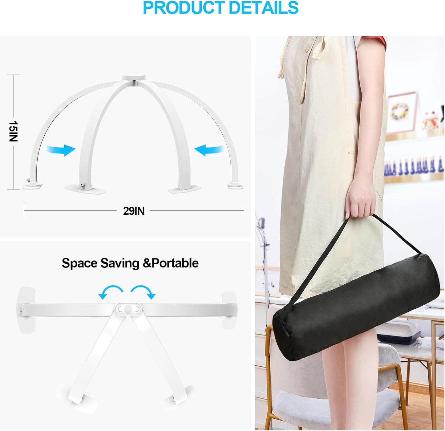 Foldable Large Half Moon LED Light - 29” Arch Table Light with Phone Stand for Nail Techs | White