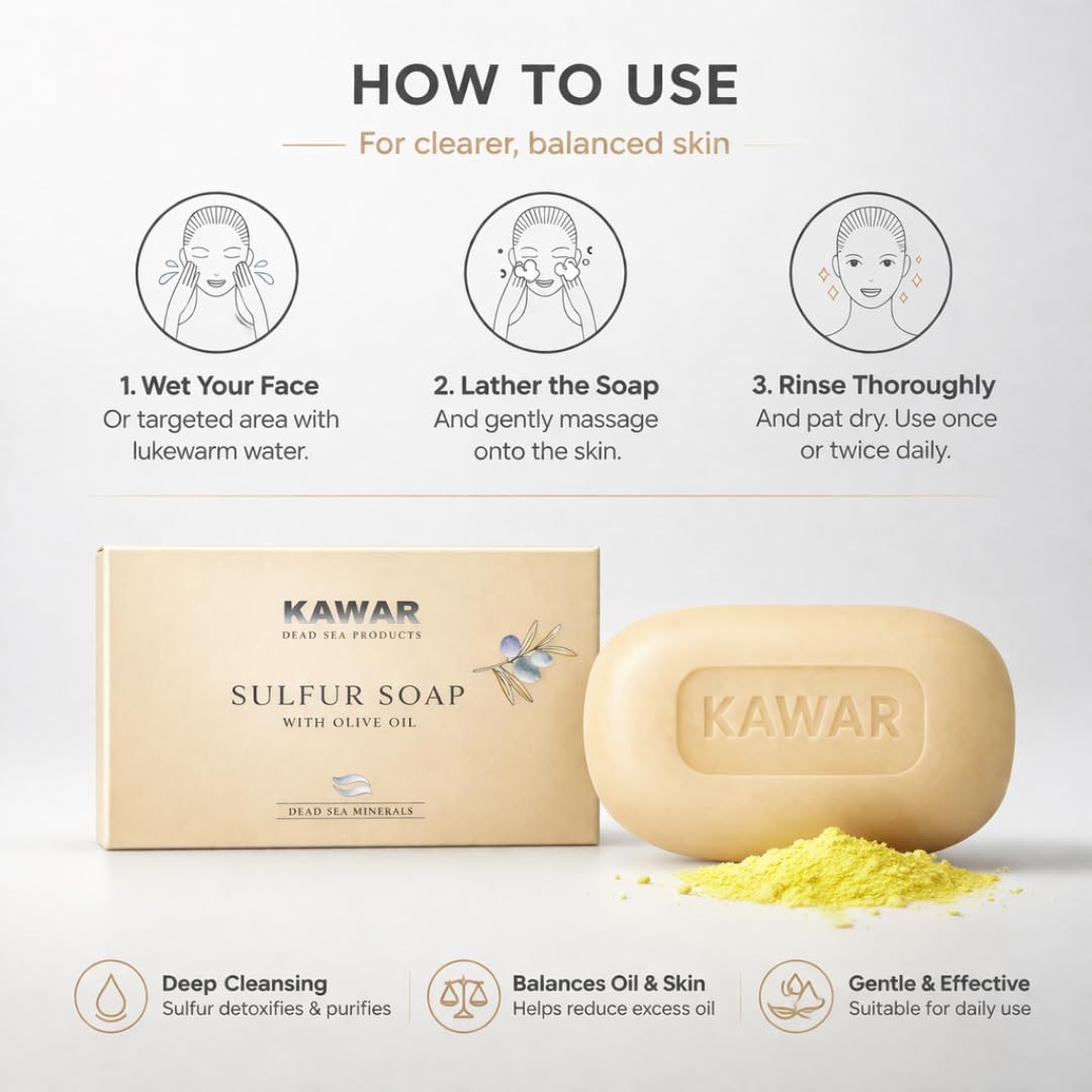 KAWAR Premium Dead Sea Sulfur Soap with Olive Oil, Face & Body Bar