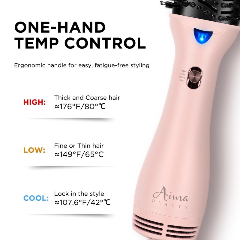 Aima Beauty Blow Dryer Brush - Ionic Ceramic Hot Air Brush for Frizz-Free Straightening & Voluminous Blowout, 2.3‘’/ 60mm Oval Barrel with Nylon Bristles, 360 Surrounded Vent, 3 Heat Settings, Pink