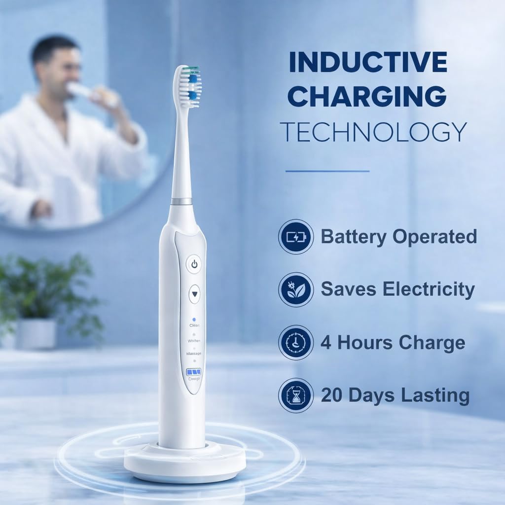 NetGen Sonic Electric Toothbrush for Adults, Rechargeable Power Toothbrush with 5 Replacement Heads, Travel Case, 3 Modes, 2 Minute Timer, IPX7 Waterproof Cordless Electric Toothbrush | White