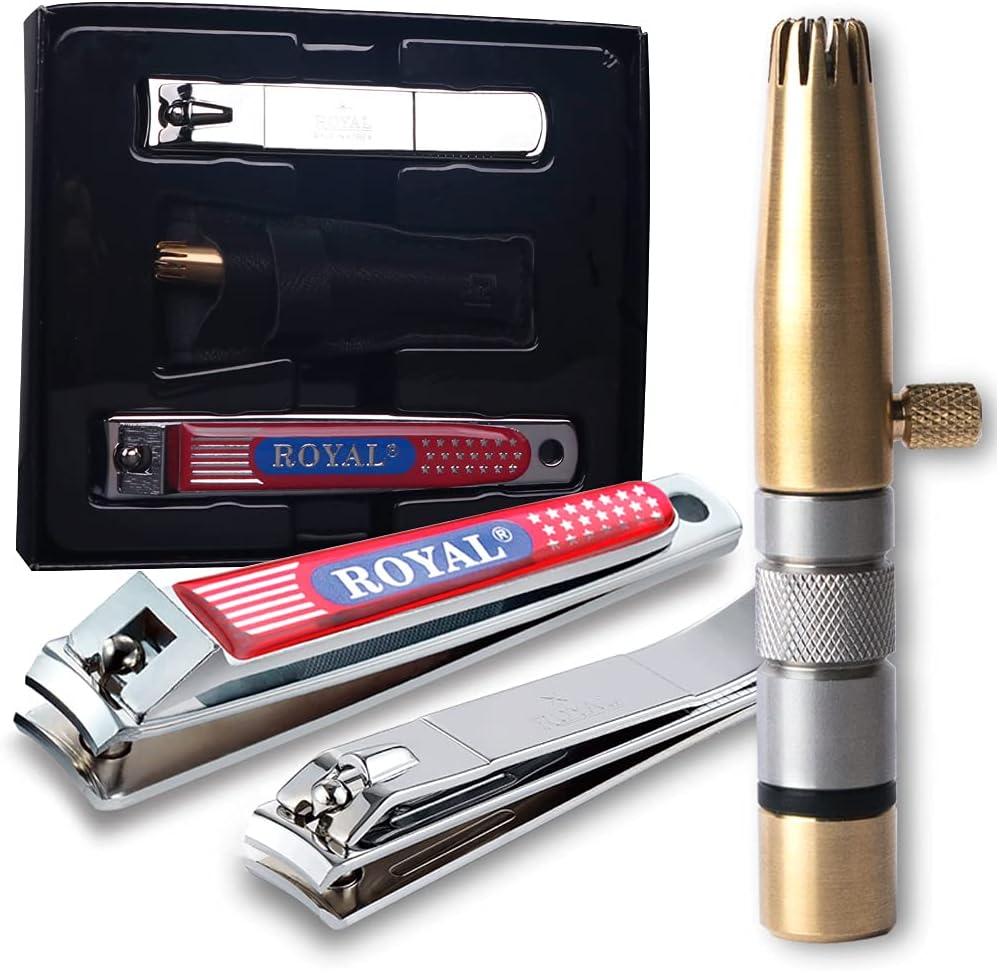 Nose Hair Trimmer Set - 3 Pcs Value Pack with 2 Nail Clippers | Black & Brass Design