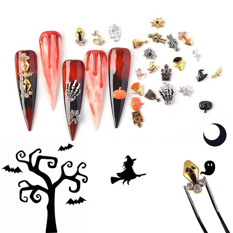 BAIYIYI Halloween Nail Charms - 24 Styles/Box Metallic Nail Studs & Rhinestones DIY Decorations