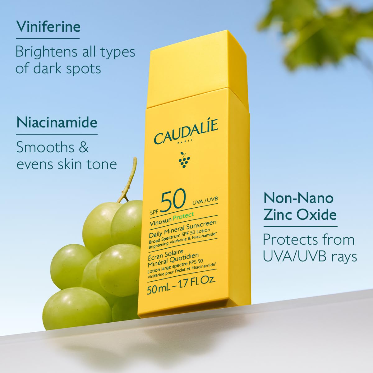 Caudalie Vinosun Protect Daily Mineral Sunscreen SPF 50 | Lightweight, Non-Greasy Formula - 50 mL
