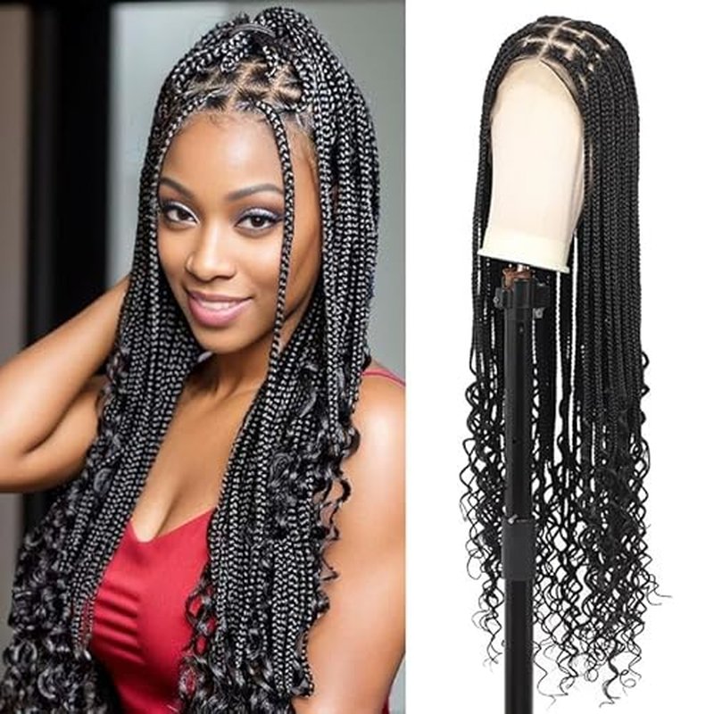 36 Inch 13X8 HD Lace Front Box Braided Wigs With Boho Curly Ends Knotless Braided Wig For Women Premium Synthetic Braids Lace Front Wig With Baby Hair Natural Black
