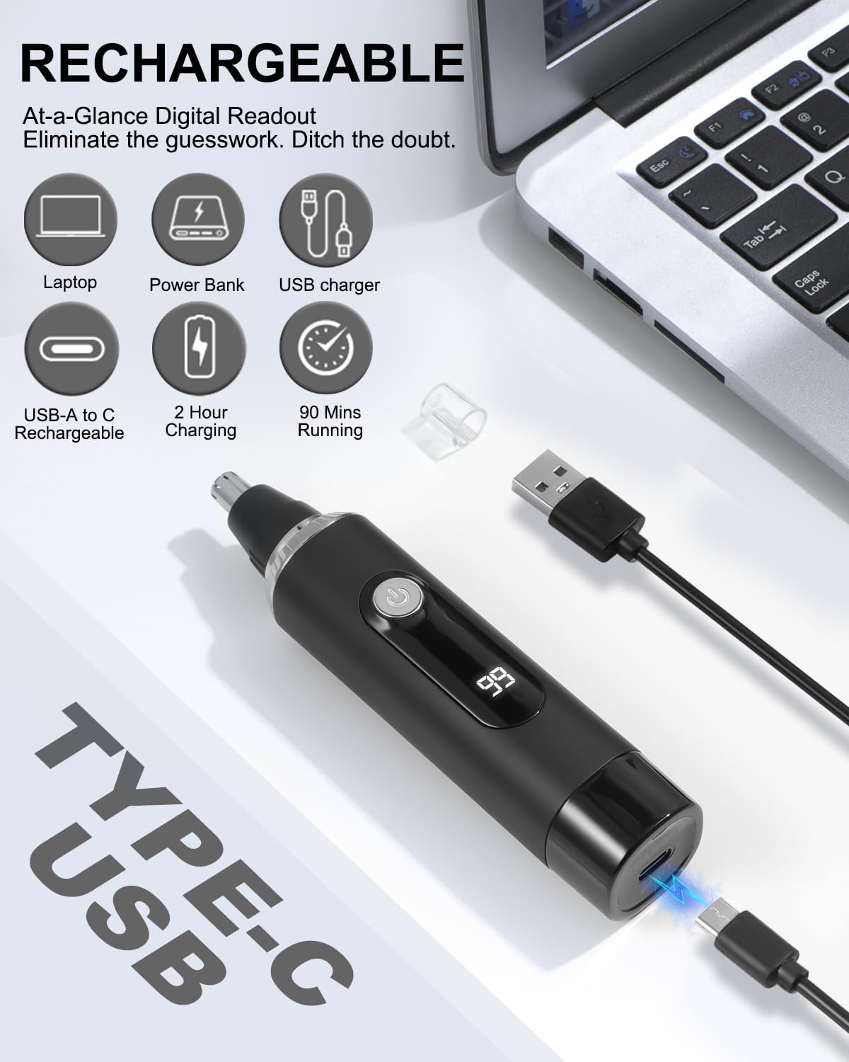 Nose Hair Trimmer | Professional Painless IPX7 Waterproof Eyebrow & Facial Hair Trimmer - USB Rechargeable with LED Display, Black/Silver