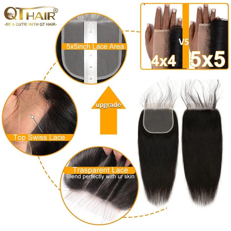 QTHAIR 5x5 Straight Transparent Lace Closure - 150% Density, Pre-Plucked Natural Hairline | 20" Length