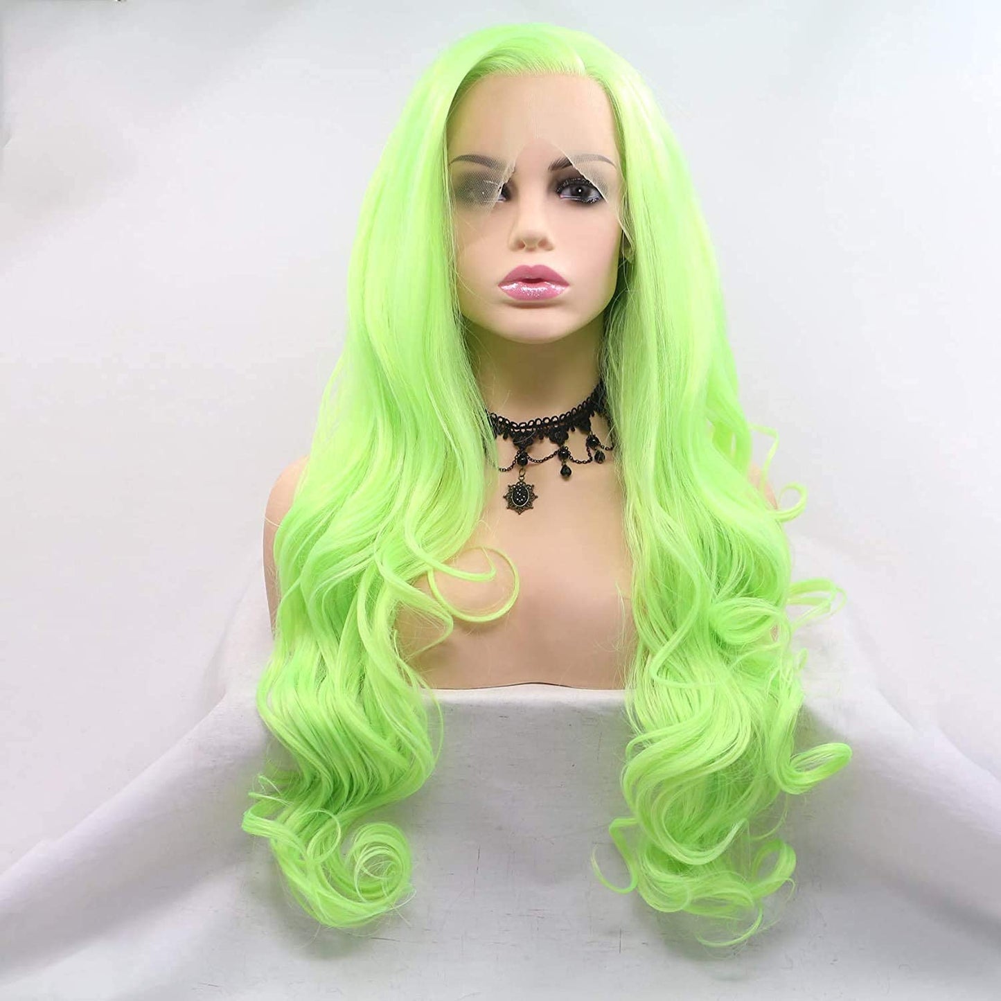 Neon Green Lace Front Wig Curly Fluorescent Green Synthetic Lace Front Wigs for Women Long Body Wave Pastel Glueless Lace Wigs Preplucked Hairline Real Hair Wig Baby Hair Daily Cosplay 24 Inch