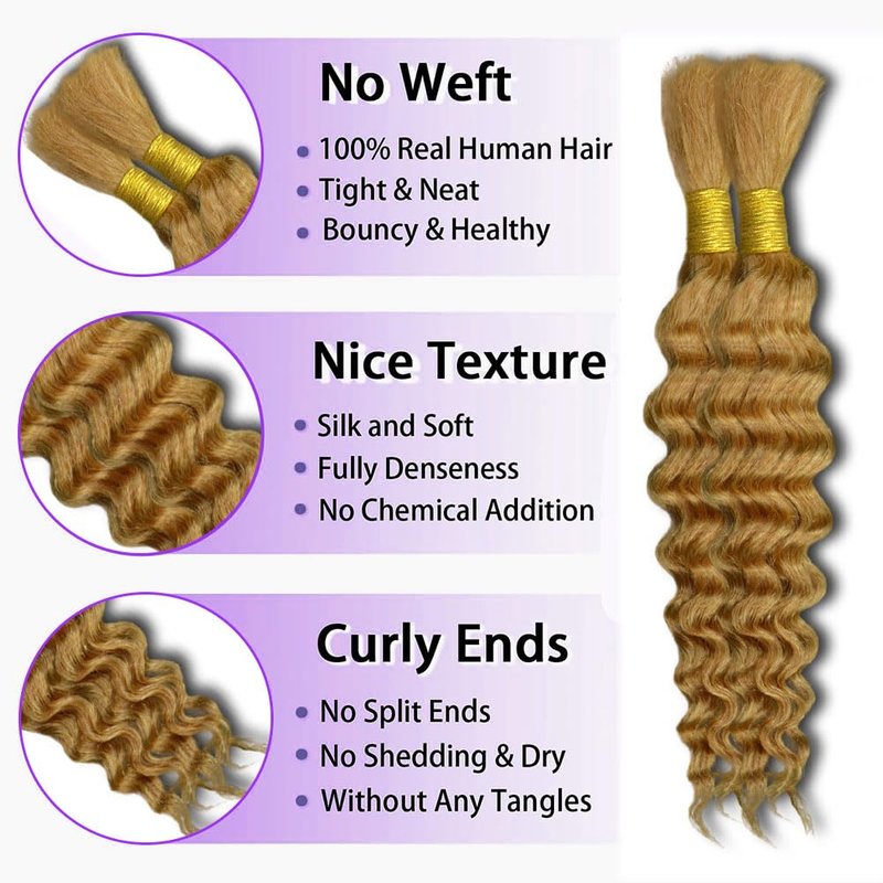ZFY Human Braiding Hair 100g 16 Inch Deep Wave Bulk Human Hair for Braiding Boho Braids 100% Unprocessed Brazilian Virgin Human Hair Extensions No Weft 2 Bundle/Pack White Blonde