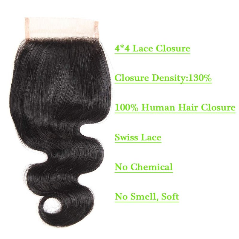 Virgin Human Hair Lace Closure - Swiss Skinlike Transparent HD Lace | Pre-Plucked Natural Hairline, Natural Black, 4x4 Size