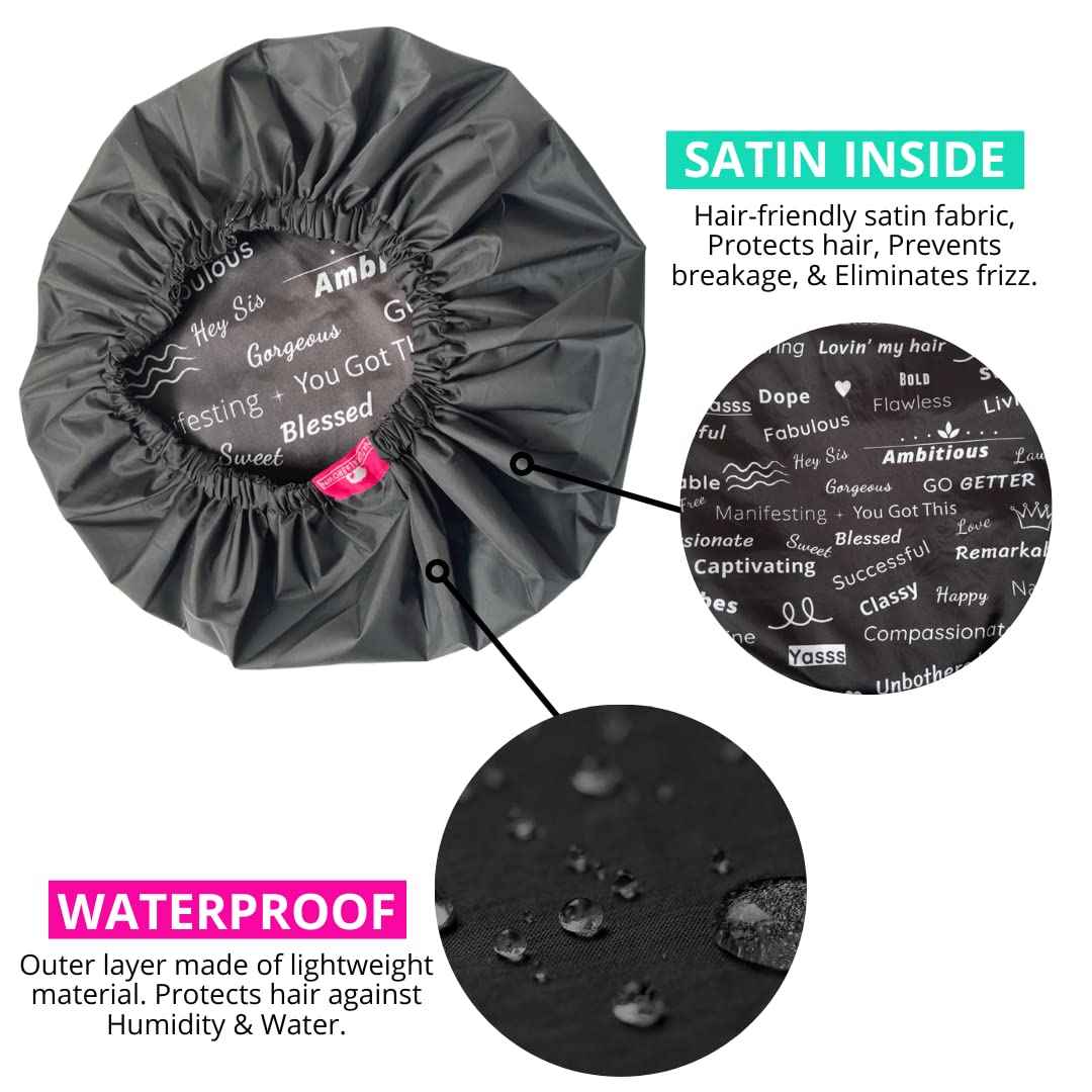 Shower Cap - Extra Large, Black, Satin lined inside, Reversible bonnet, Waterproof outer layer, Adjustable Elastic Strap, Reusable, Washable, Positive Affirmations for Women