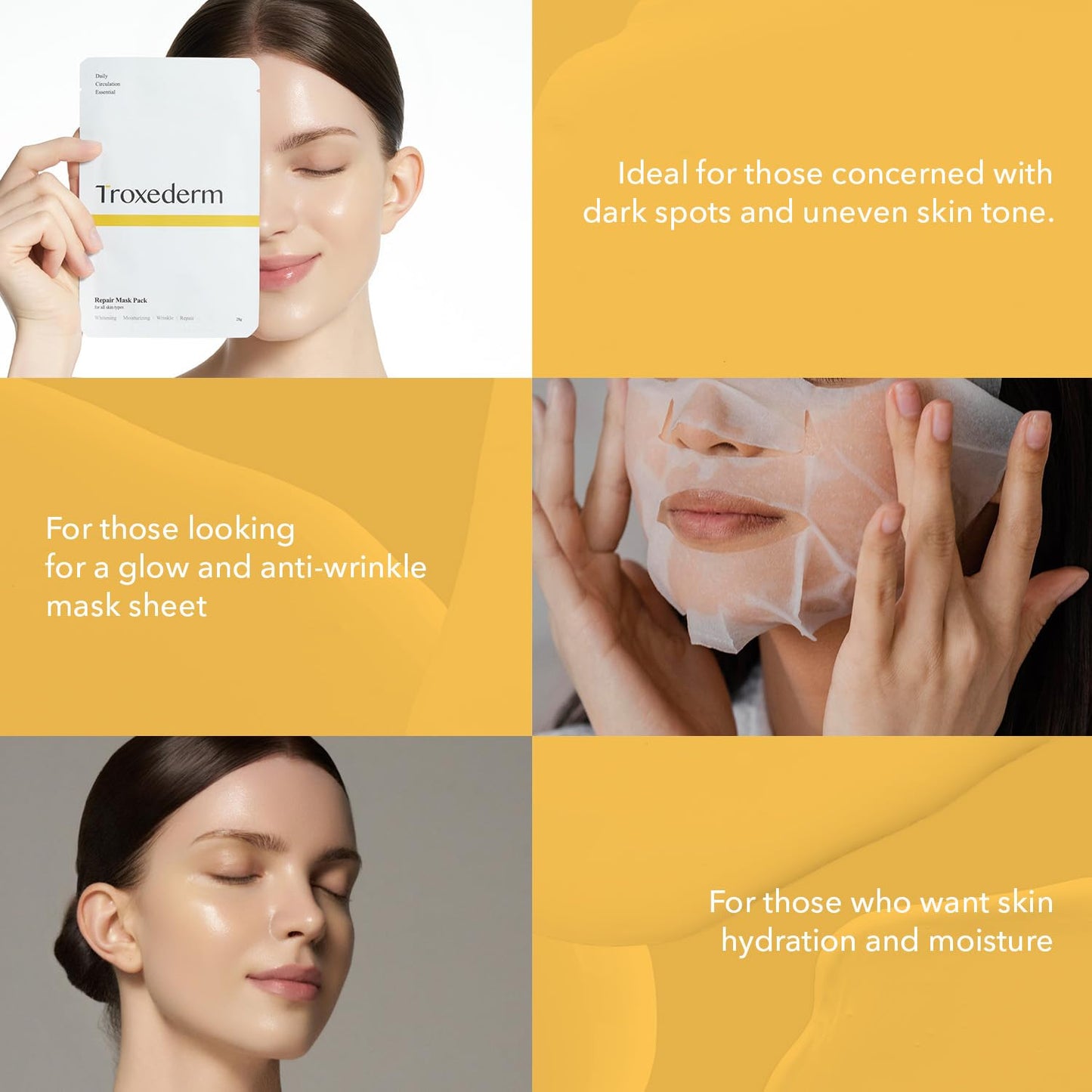 TROXEDERM Repair Facial Mask Set – Korean Moisturizing Sheet Mask with Niacinamide, Troxerutin & Adenosine, Hydrating Face Mask for Barrier Care, Radiant Skin & Daily K-Beauty Self Care, Pack of 5