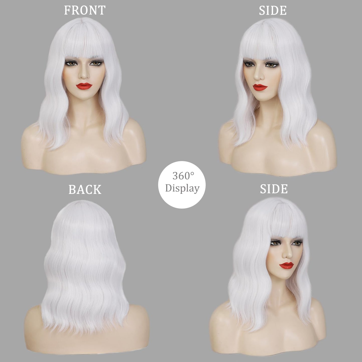 Beelu White Wig with Bangs 14 Inch Short Wavy Synthetic Bob Wigs for Women