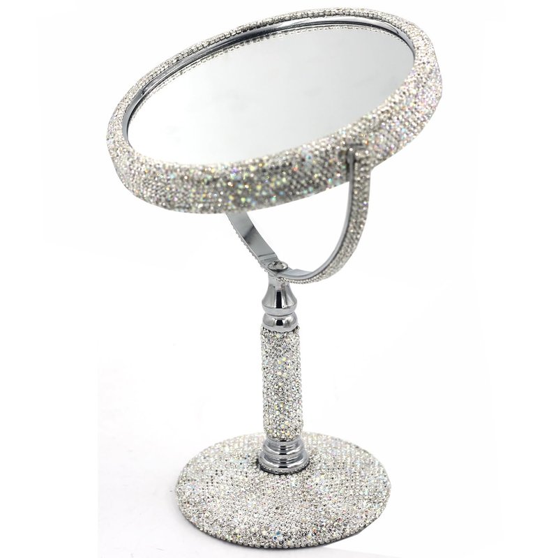 Bestbling Bling Rhinestone Double-Sided Tabletop Makeup Mirror, Round Metal Makeup Mirror with 1:2 Magnifying Mirror, Rotating Mirror (Silver)