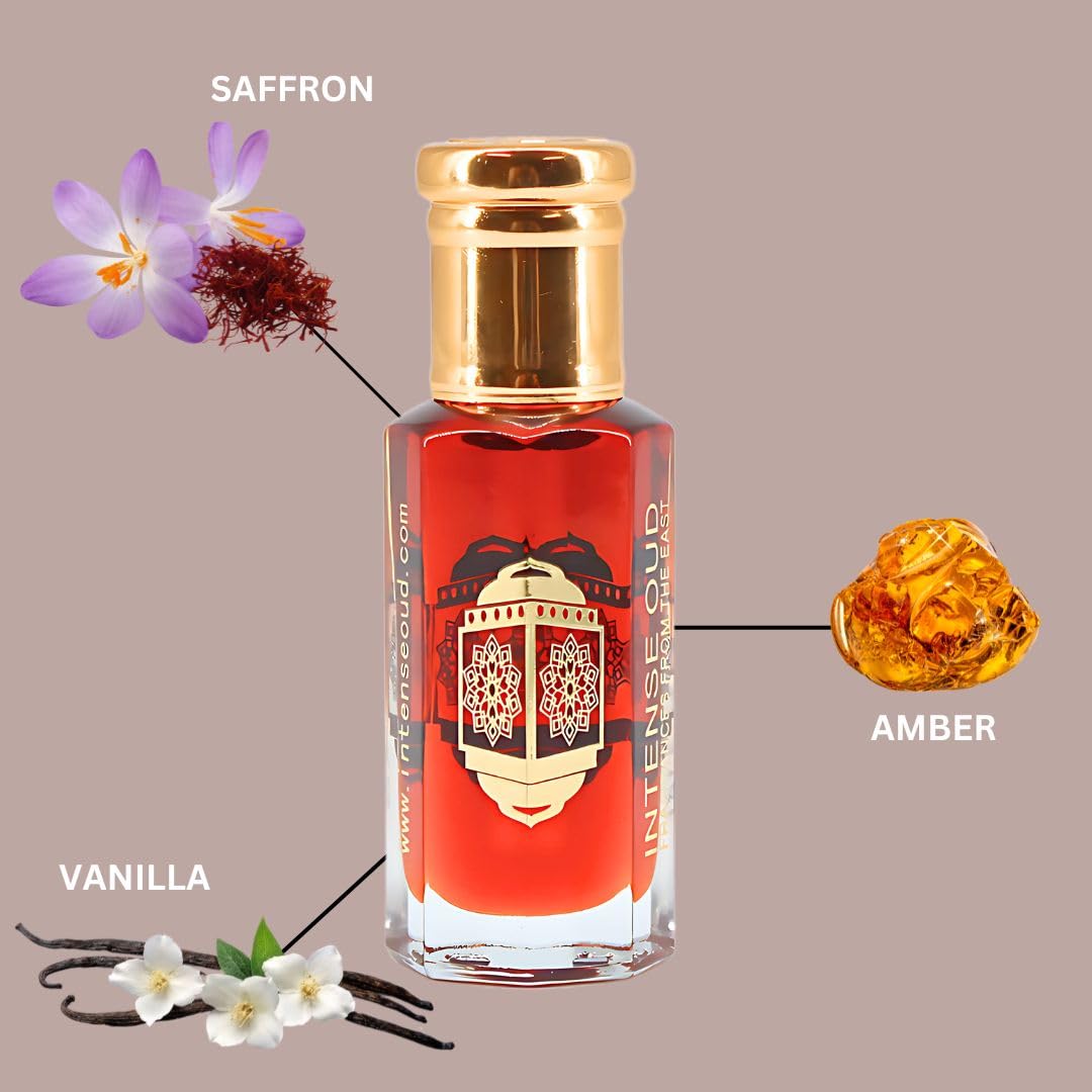 INTENSE OUD Gold Saffron Long Lasting Arabian Perfume Oils for Women 12ML (0.40 OZ) Fragrance Oil With Saffron, Amber & Vanilla Notes - Concentrated Perfume Oil & Valentines Day Gift With Black Box