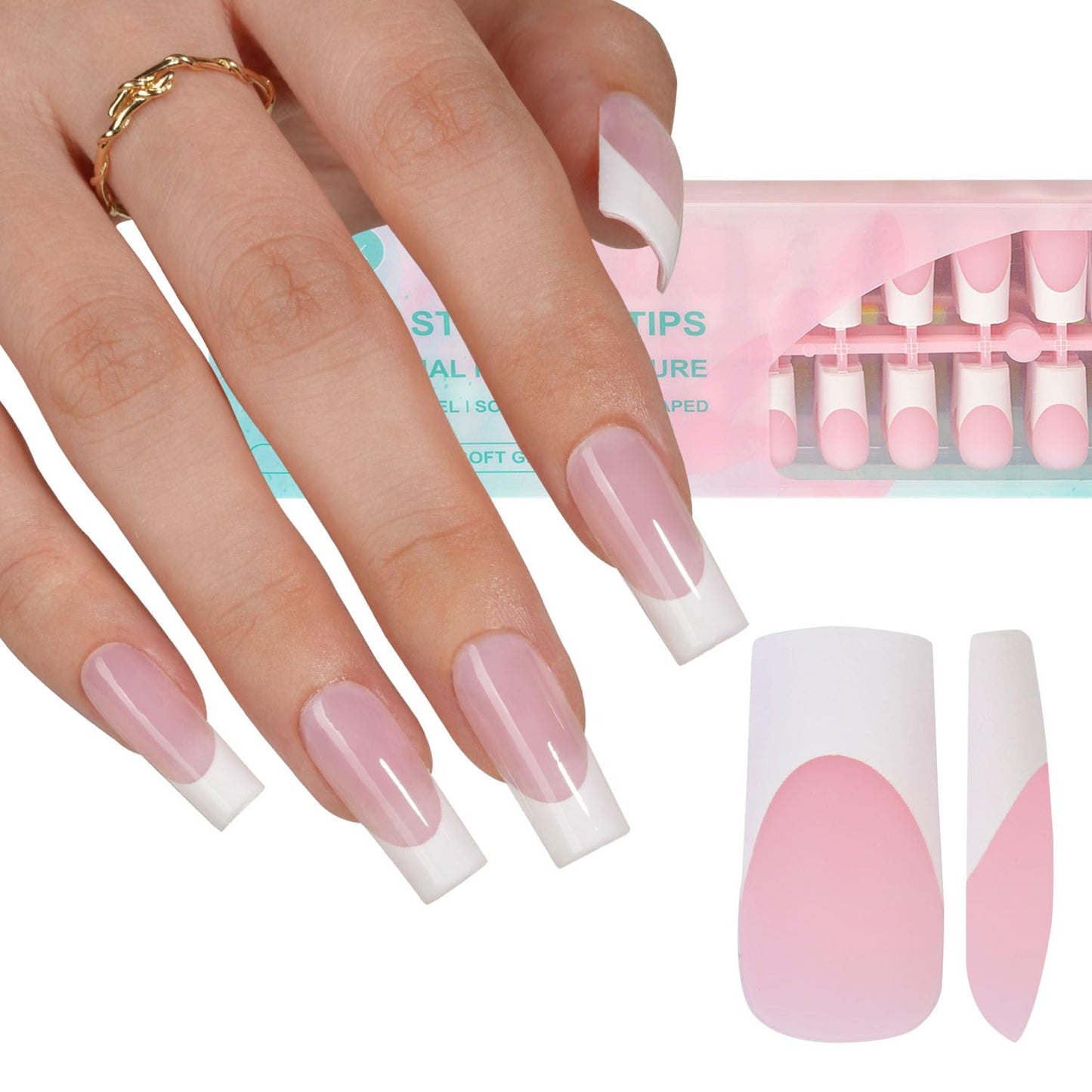 French Gel Nail Tips - 240 Pcs Long Square Pink Press-On Nails | Pre-Filed, No Need to Shape, 15 Sizes for DIY Nail Art