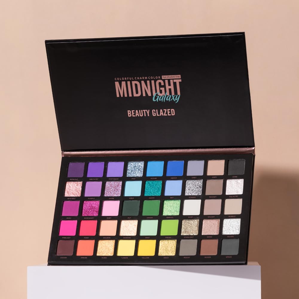 MYUANGO Bold Dimensions Eyeshadow Palette - 45 Shades of Matte, Shimmer, and Glitter in Purple, Green, Yellow, Pink, and Grey - High-Pigment, Long-Lasting, Waterproof - Blendable Formula