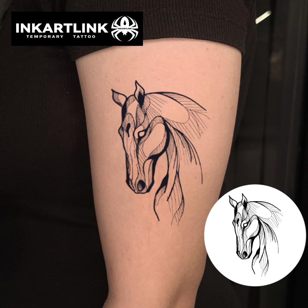 INKARTLINK Tattoo Tech, 2 Sheets Medium Semi Permanent Tattoo, Adult Art Design Temporary Tattoos, Lasts 1-2 Weeks, Waterproof, Realistic Look, No Adhesive, No Reflection (White Horse Design)
