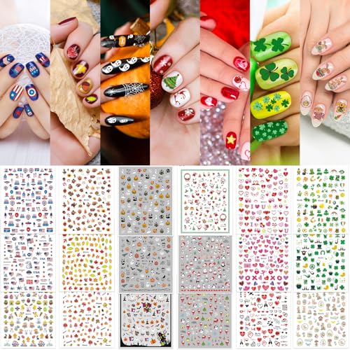 Whaline 18 Sheets Fall Nail Art Stickers All Holiday Nail Decals All Season Halloween Christmas Winter Valentine 4th of July Self-Adhesive Nail Decals for Xmas DIY Manicure Party Decor