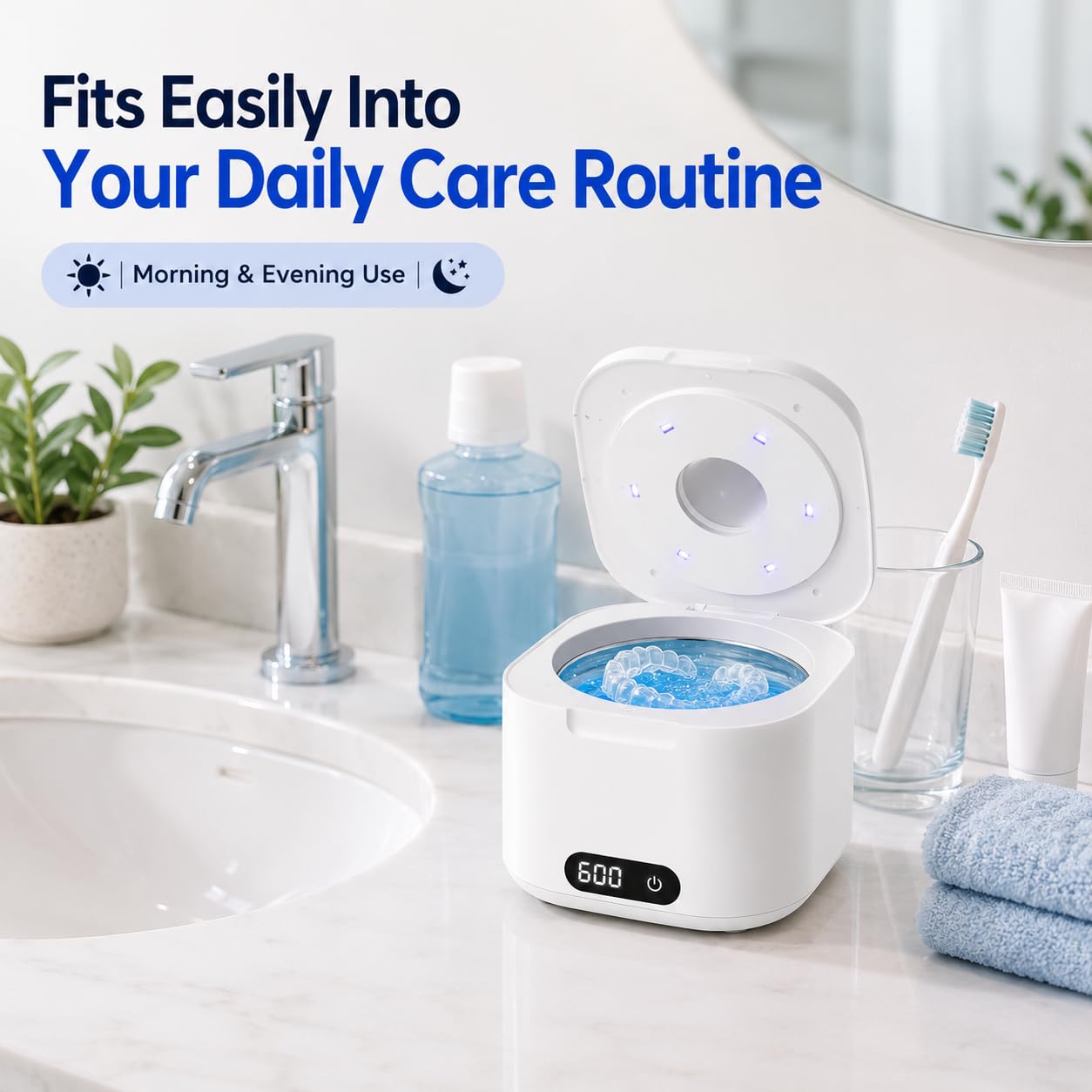 Ultrasonic Retainer Cleaner Machine with UV Light, 49kHz Dental Pod Cleaner with Digital Timer, 340ML Stainless Steel Tank for Retainer, Aligners, Dentures, Mouth Guards, Night Guards & Jewelry, White