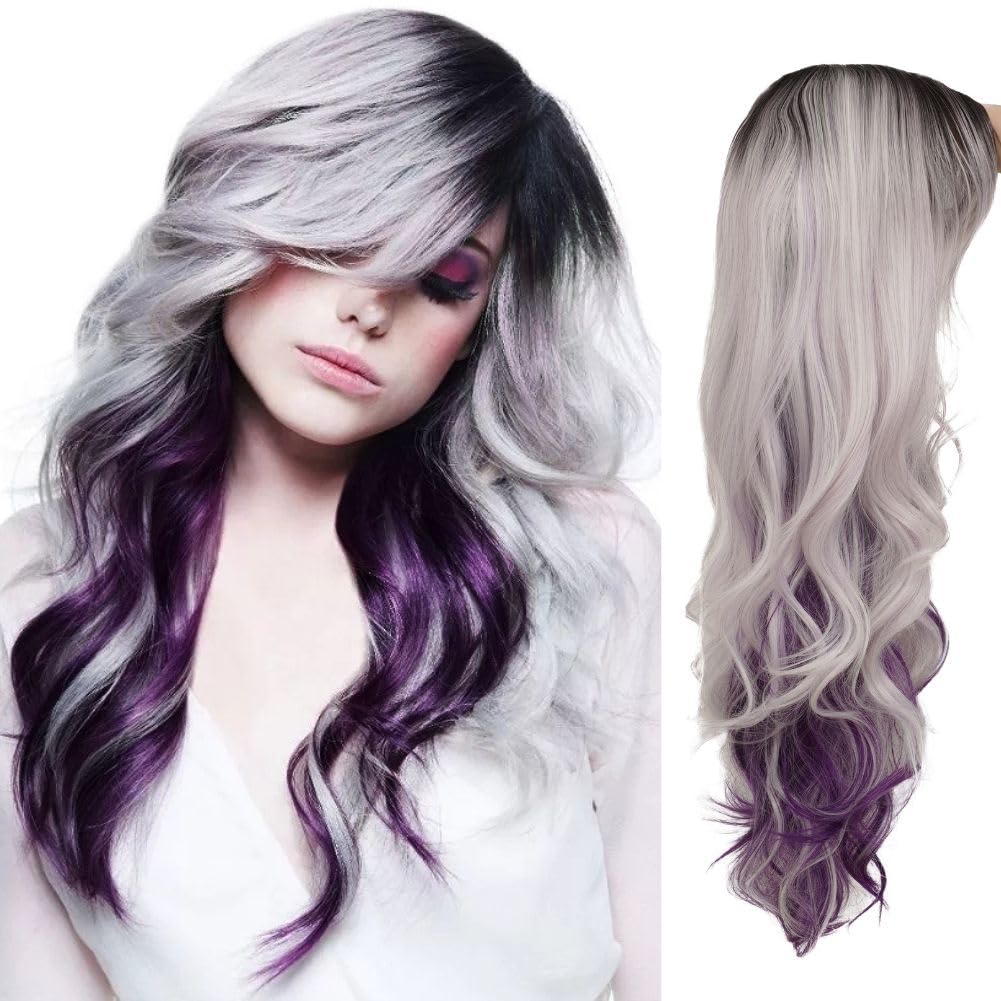 Long Curly Wig for Women - Grey Purple with Dark Roots | Heat-Resistant Cosplay & Halloween Costume