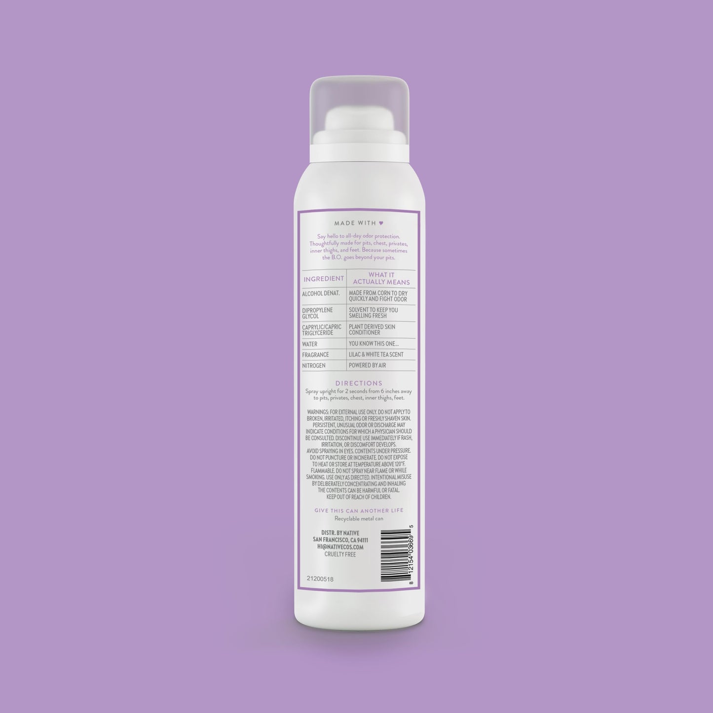 Native Whole Body Deodorant Spray, Lilac & White Tea Scent, 72 Hour Odor Control for Pits, Privates & More, Aluminum Free, Quick-Drying Deodorant for Men & Women, 3.5 oz