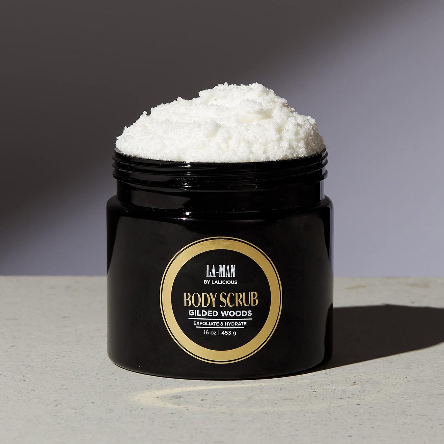 LALICIOUS Gilded Woods LA-MAN Body Scrub | Exfoliating Sugar Scrub for Men | Body Exfoliator for Dead Skin & Optimal Hydration | Pure Cane Sugar + Coconut Oil | Large 16oz