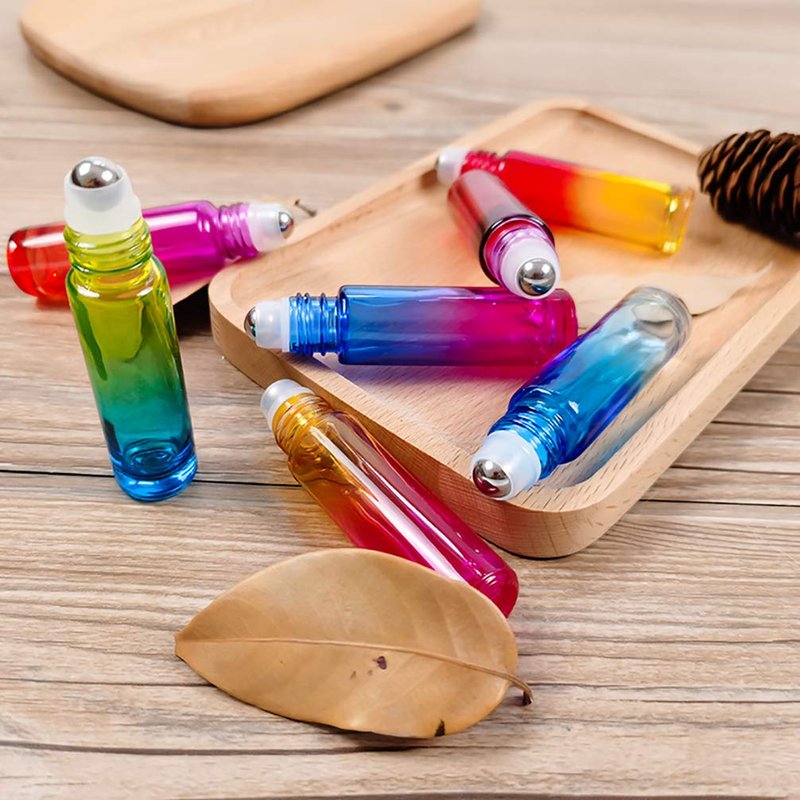 Foraineam 24 Pack 10ml Gradient Color Glass Essential Oil Bottles with Stainless Steel Roller Ball and Silver Hanging Lid