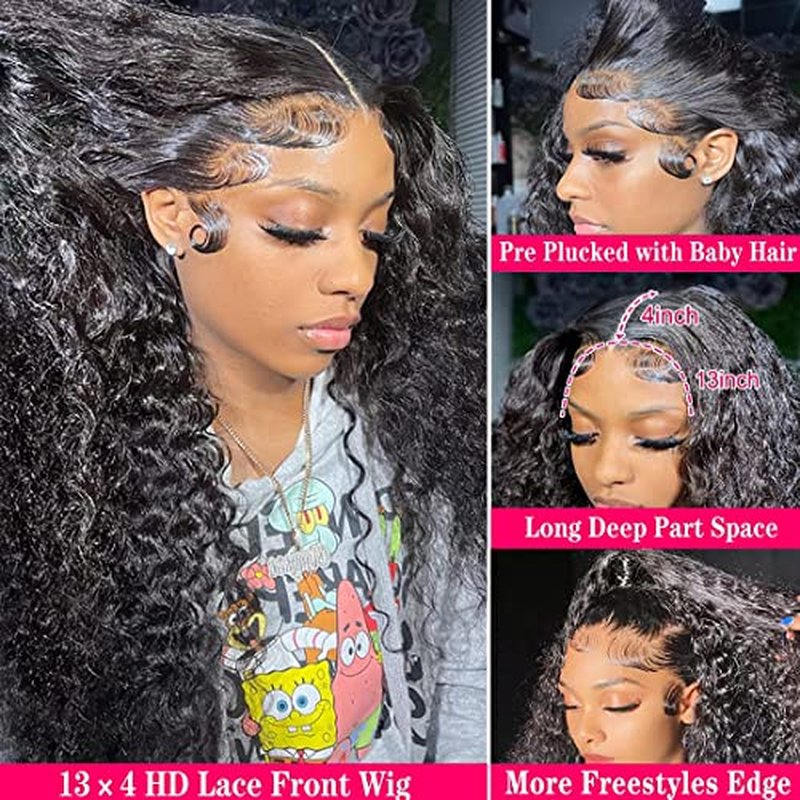 Kinky Curly 13x4 HD Lace Front Human Hair Wigs 180% Density Kinky Curly Glueless Wig 12A Brazilian Virgin Hair Pre Plucked With Baby Hair 20Inch Afro Kinky Curly Lace Frontal Wigs For Women