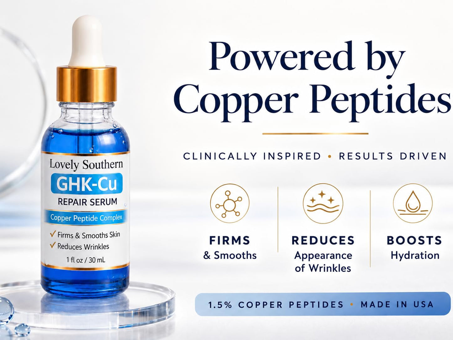 Lovely Southern 1.5% Copper Peptides GHK-Cu Anti-Aging Facial Serum for Fine Lines, Skin Elasticity, Made in USA, 1 Fl Oz