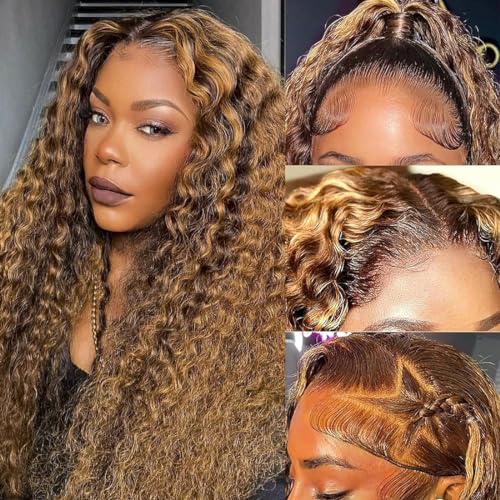 24 inch Ombre Highlight 13x6 Deep Wave Lace Front Wigs Human Hair 200% Density Honey Blonde 4/27 Curly Human Hair Wigs HD Lace Front Glueless Wigs Pre Plucked with Baby Hair Deep Wave Wig
